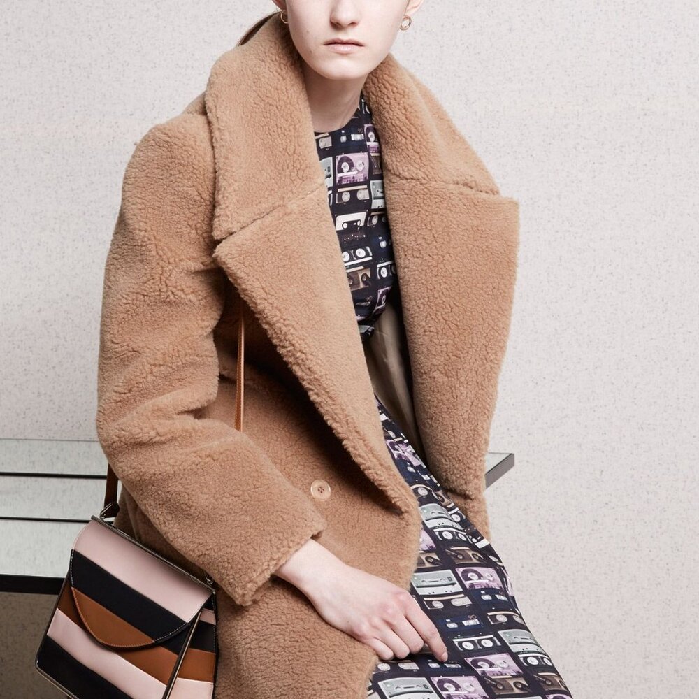 Carven PF15 Camel Alpaca Shearling Double-Breasted Coat